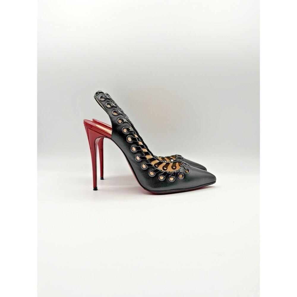 Christian Louboutin Black & Red Ostri Whipstitch Slingback Heels Size EU 38.5